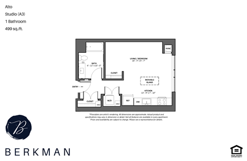 Floor plan for studio, 1 bath, 499 sqft